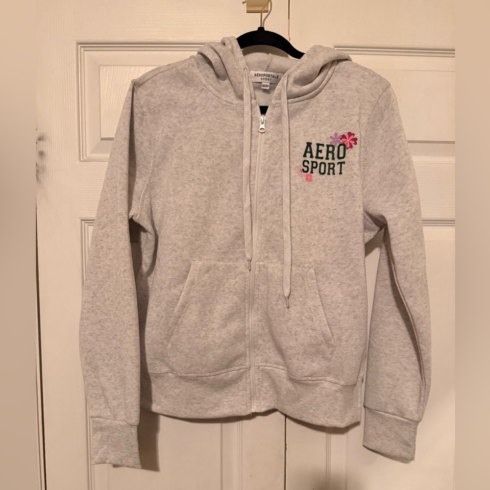 Aeropostale Light Gray Zip Hoodie with Pink Flower
